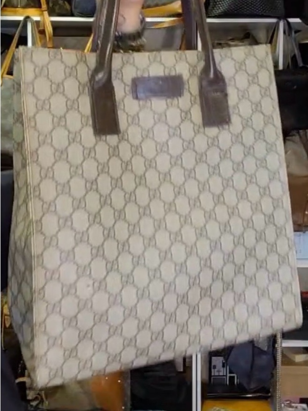 Gucci Beige Monogram Canvas Tote with Brown Leather Handles